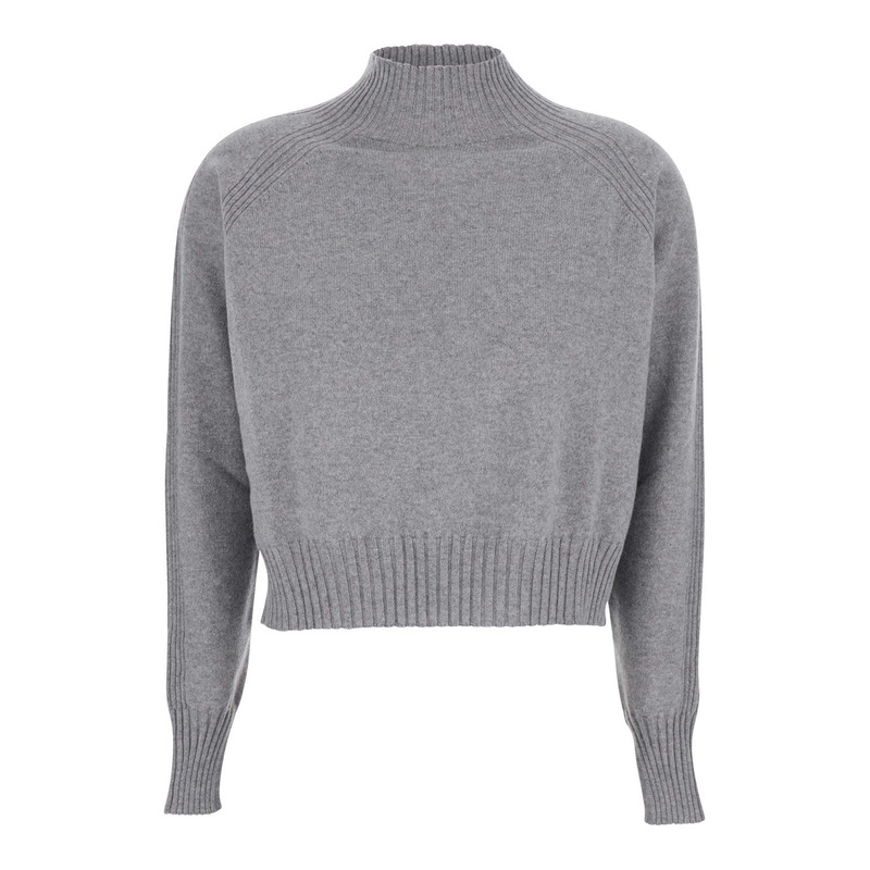 Grey Turtleneck Sweater with Crop Design in Cashmere Woman