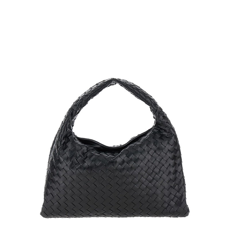‘Hop Small’ Black Shoulder Bag with Intreccio Motif in Leather Woman