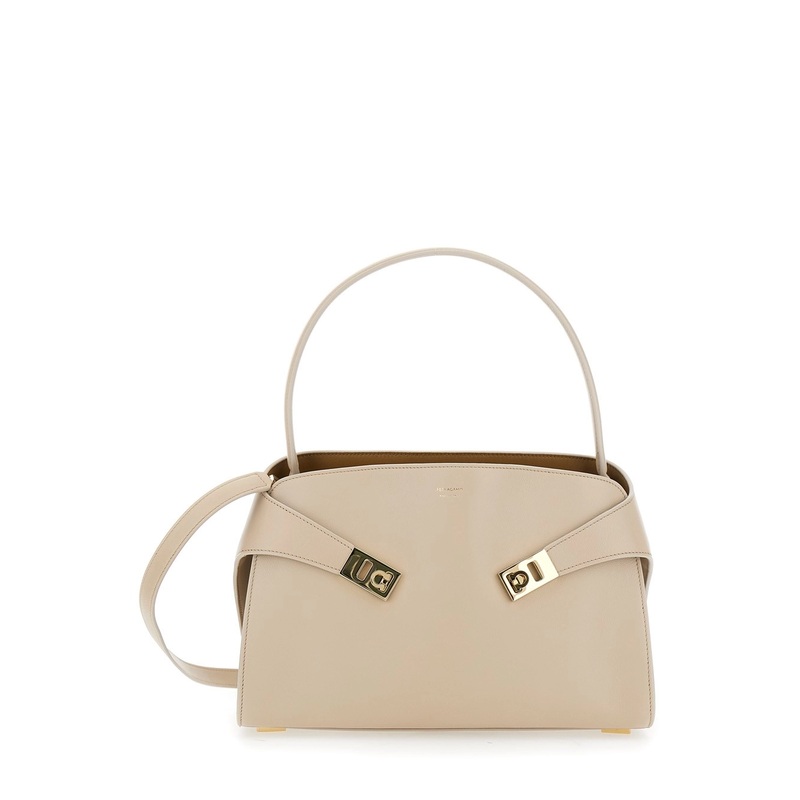 ‘Hug’ Beige Shoulder Bag with Logo Print on the Front in Leather Woman