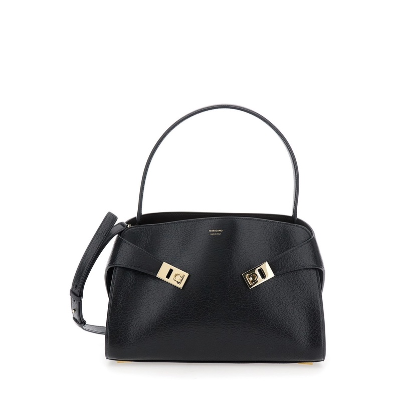 ‘Hug’ Black Shoulder Bag with Logo Print on the Front in Leather Woman
