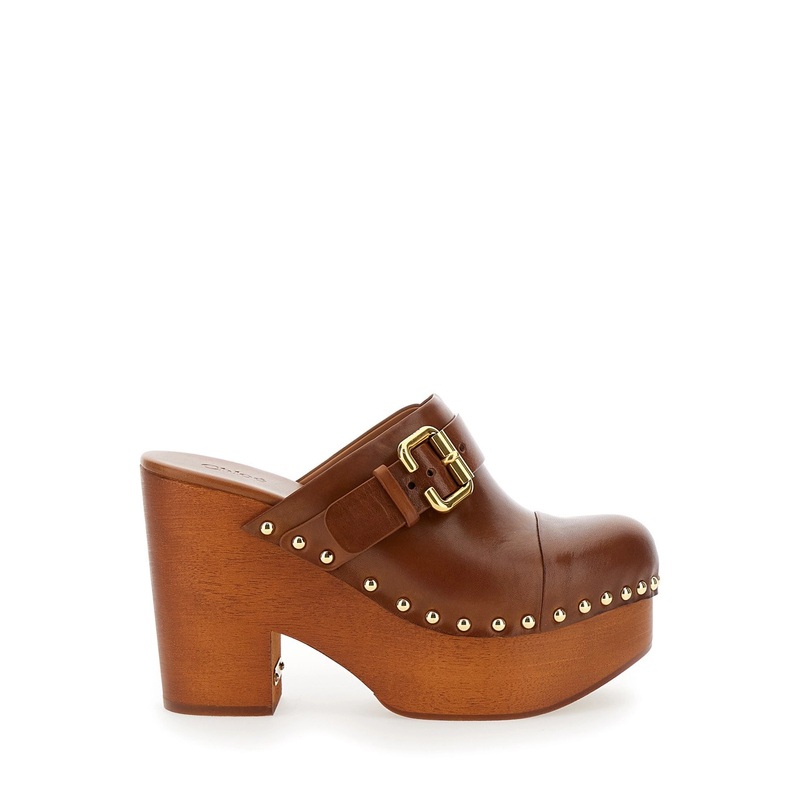 ‘Jeanette’ Brown Wedge Clog in Leather and Wool Woman