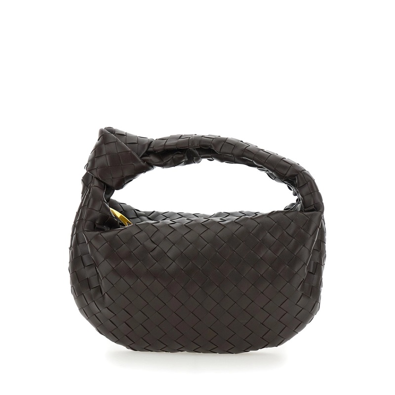 ‘Jodie’ Brown Small Shoulder Bag with Knot Detail and Intrecciato Motif in Leather Woman