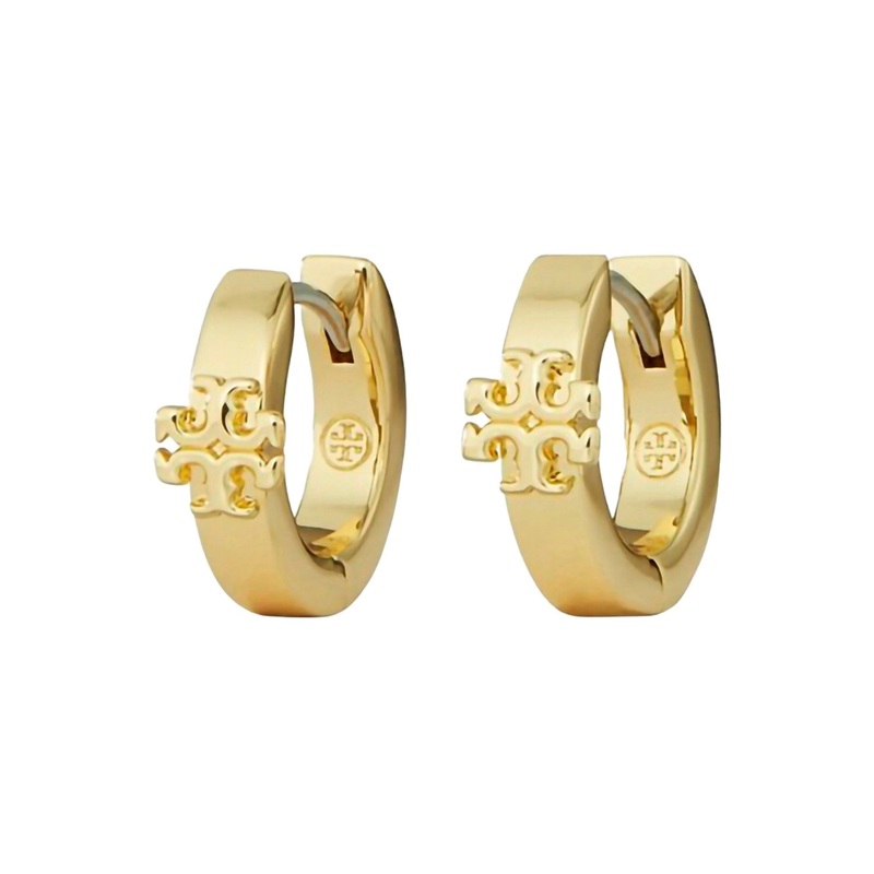 ‘Kira’ Metallic Huggie Hoop Earings with Double T Motif in Brass Blend Woman