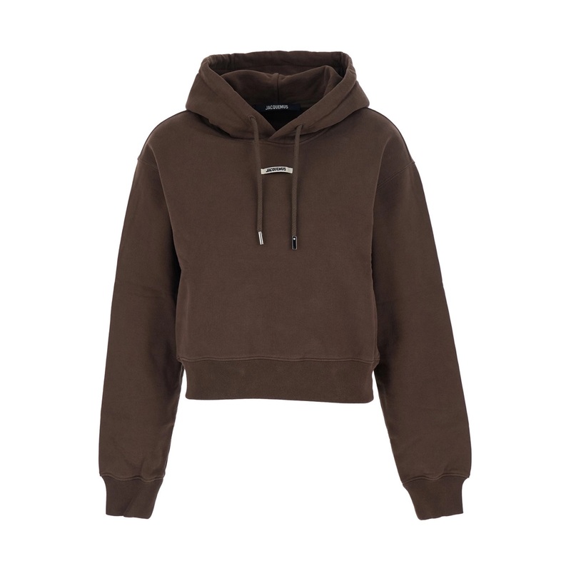 ‘Le Hoodie Gros Grain’ Brown Cropped Hoodie with Drawstring Hood and Logo Patch on the Front in Cotton Woman