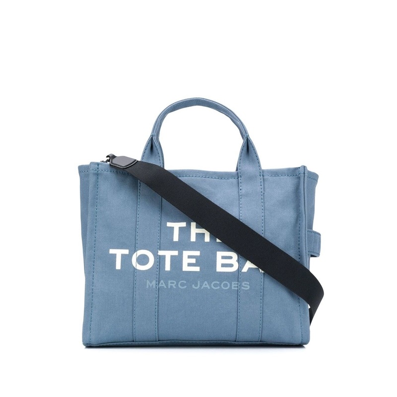 Light Blue Canvas Traveler Tote Handbag with Logo Print