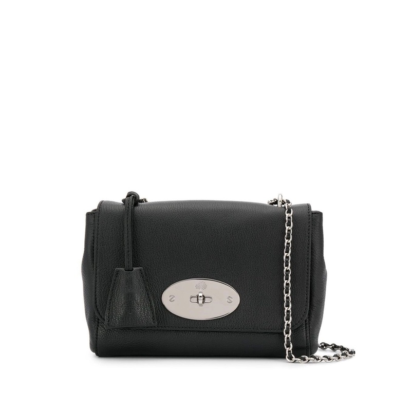 ‘Lily’ Black Crossbody Bag with Turn-Lock Closure and Chain-Link Sliding Shoulder Strap in Leather Woman