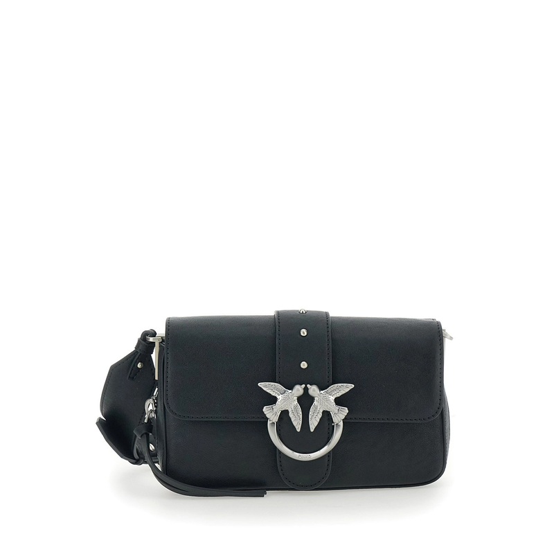 ‘Love One’ Black Crossbody Bag with Love Birds Buckle and Adjustable Shoulder Strap in Leather Woman