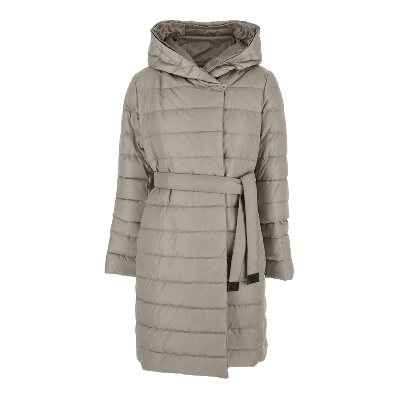 ‘Novef’ Beige Down Jacket with Hood and Front Belt in Tech Fabric Woman
