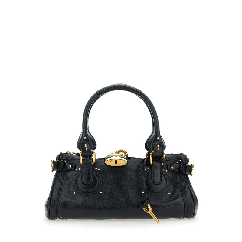 ‘Paddington’ Black Shoulder Bag with Oversized Padlock and C-Shaped Buckles in Grainy Leather Woman
