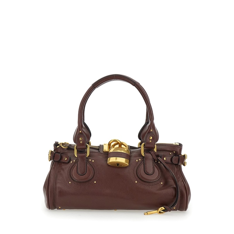 ‘Paddington’ Brown Shoulder Bag with Oversized Padlock and C-Shaped Buckles in Grainy Leather Woman