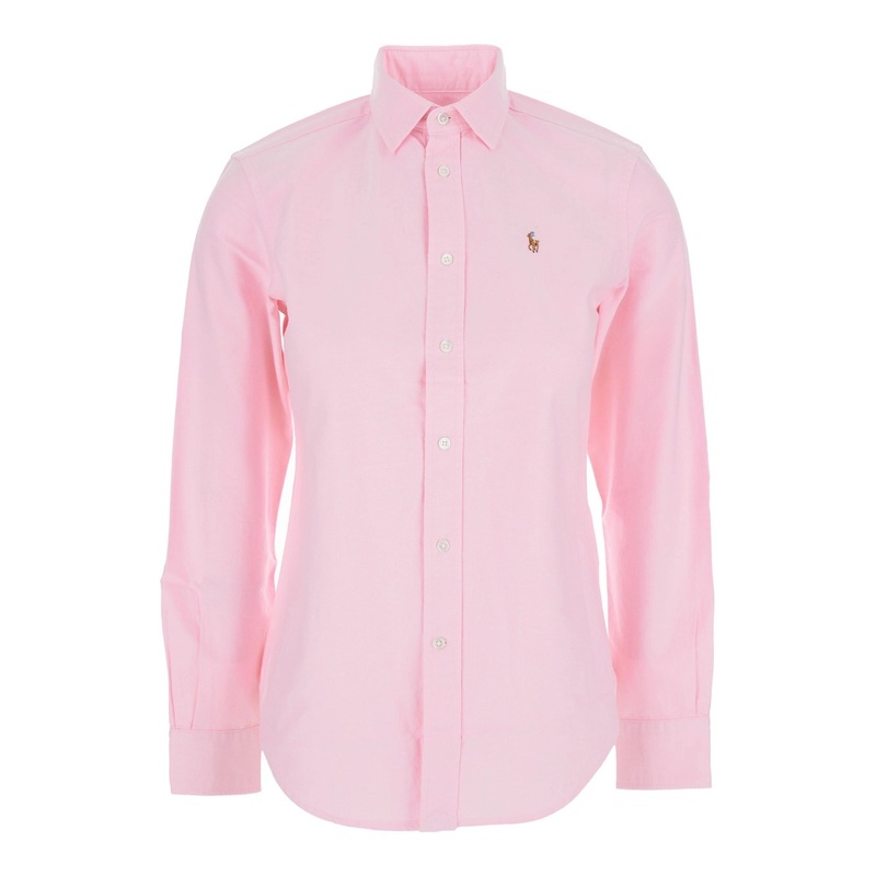 Pink Shirt with Classic Collar and Logo Embroidery on the Front in Cotton Woman