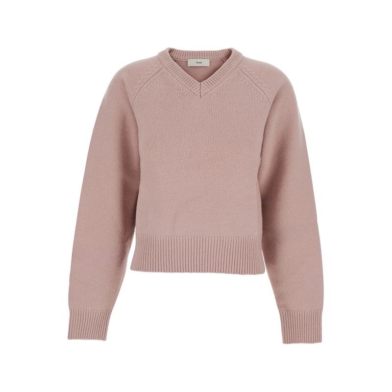 Pink Sweater with V Neck and Ribbed Trims in Wool Woman
