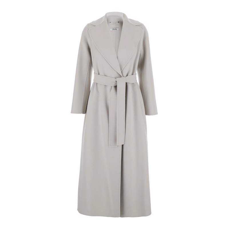 ‘Poldo’ White Belted Coat with Wide Notched Revers in Wool Woman