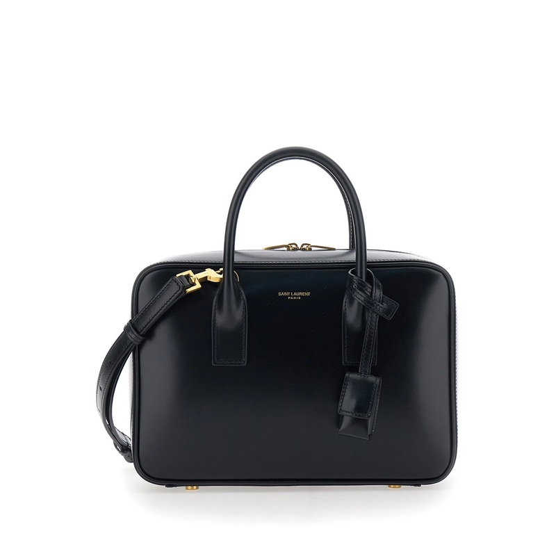 ‘Sac de Jour’ Black Handbag with Logo Lettering and Pendant Padlock Detail in Leather Woman