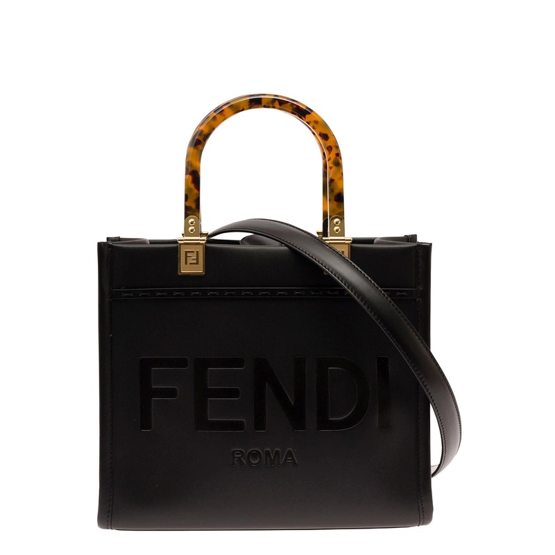 ‘Sunshine Small’ Black Tote Bag with Embossed Logo and Tortoiseshell Handles in Leather Woman