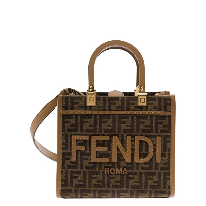 ‘Sunshine Small’ Brown Tote Bag with Logo in FF Jacquard Canvas and Leather Woman