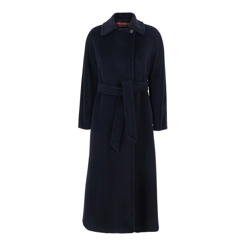 ‘Tenzone’ Blue Coat with Spread Collar and Front Belt in Wool Woman