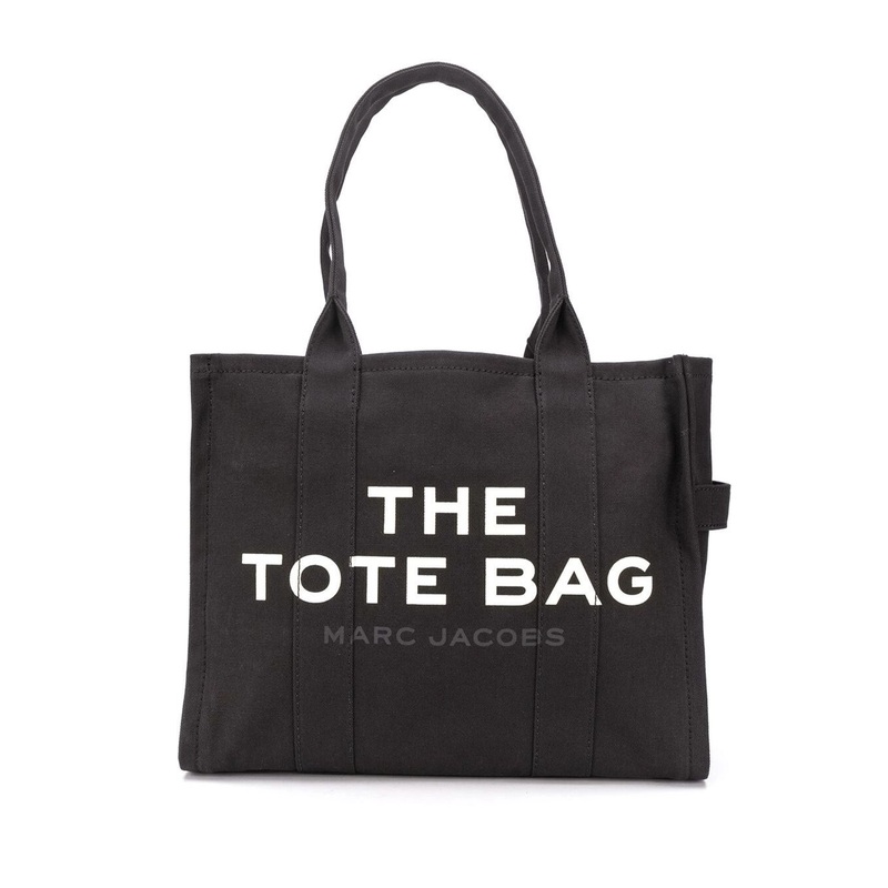 ‘The Large Tote’ Black Tote Bag with Contrasting Logo Print in Cotton Black Woman