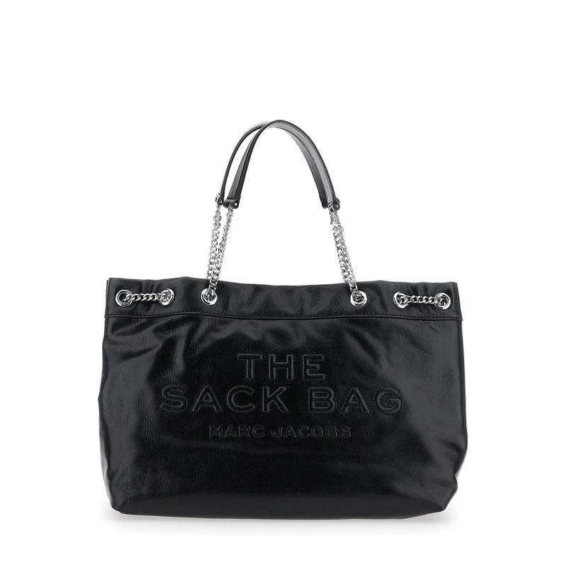 ‘The Sack Bag’ Black Shoulder Bag with Logo Embossed on the Front in Leather Woman