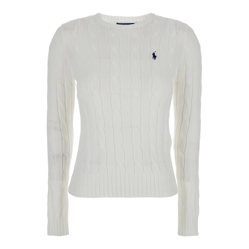 White Crewneck Sweater with Pony Embroidery on the Front in Cotton Woman