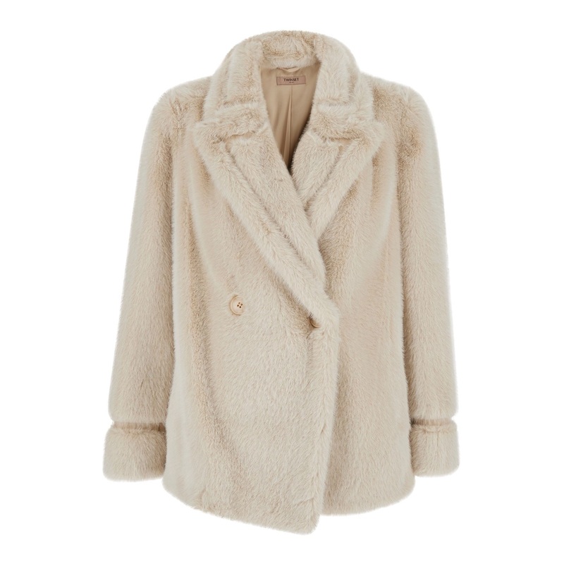 White Double-Breasted Coat with Peak Revers in Ecofur Woman