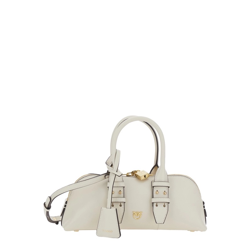 White Handbag with Adjustable and Removable Shoulder Strap and Padlock Detail in Leather Woman