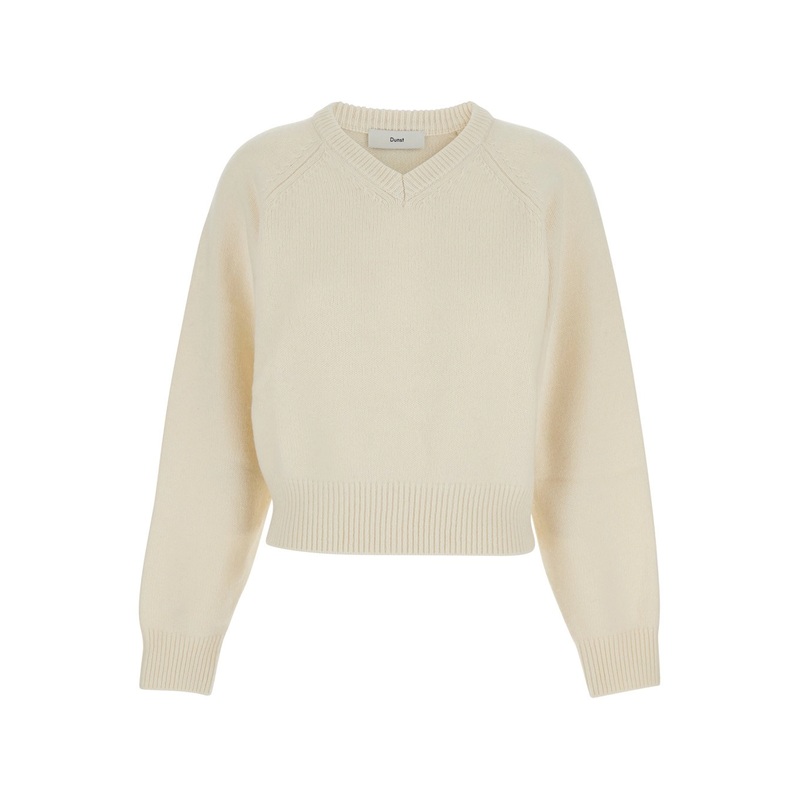 White Sweater with V Neck and Ribbed Trims in Wool Woman
