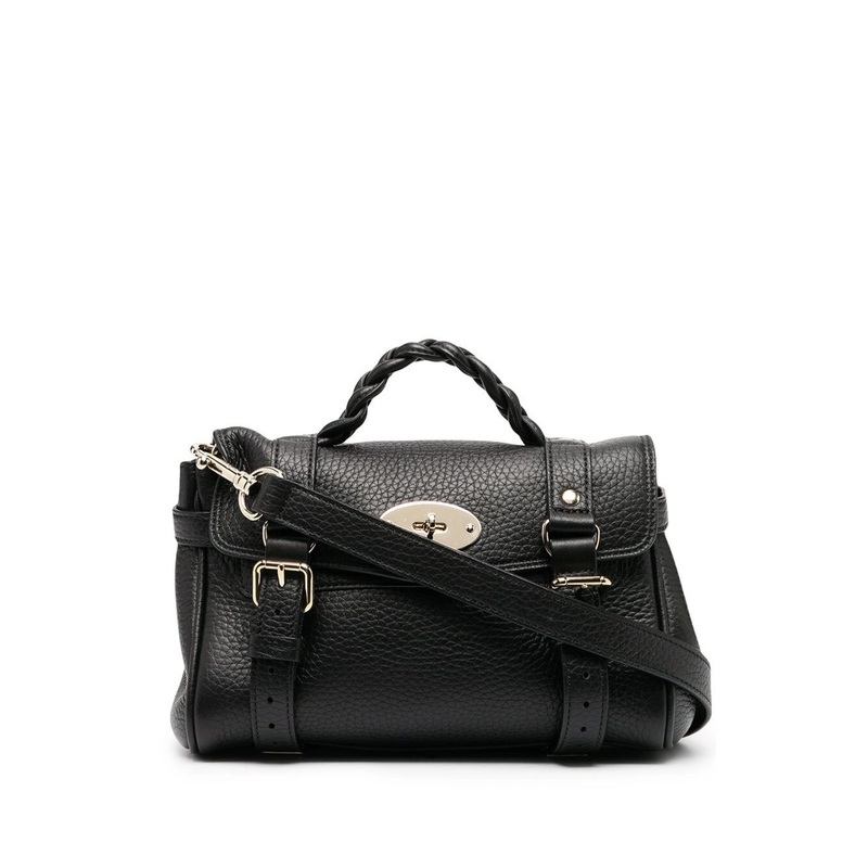 ‘Alexa’ Black Mini Handbag with Adjustable and Removable Shoulder Strap and Braided Handle in Grained Leather Woman