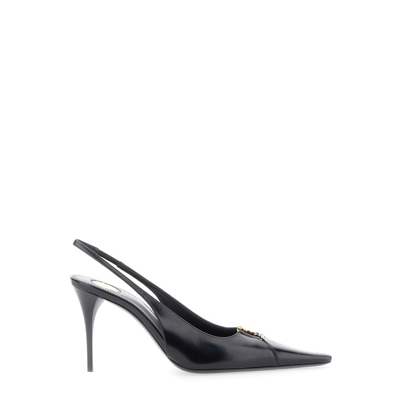 ‘Babylone’ Black Slingback Pumps with Cut-Out Toe with Cassandre Plaque and High Stiletto Heel in Leather Woman