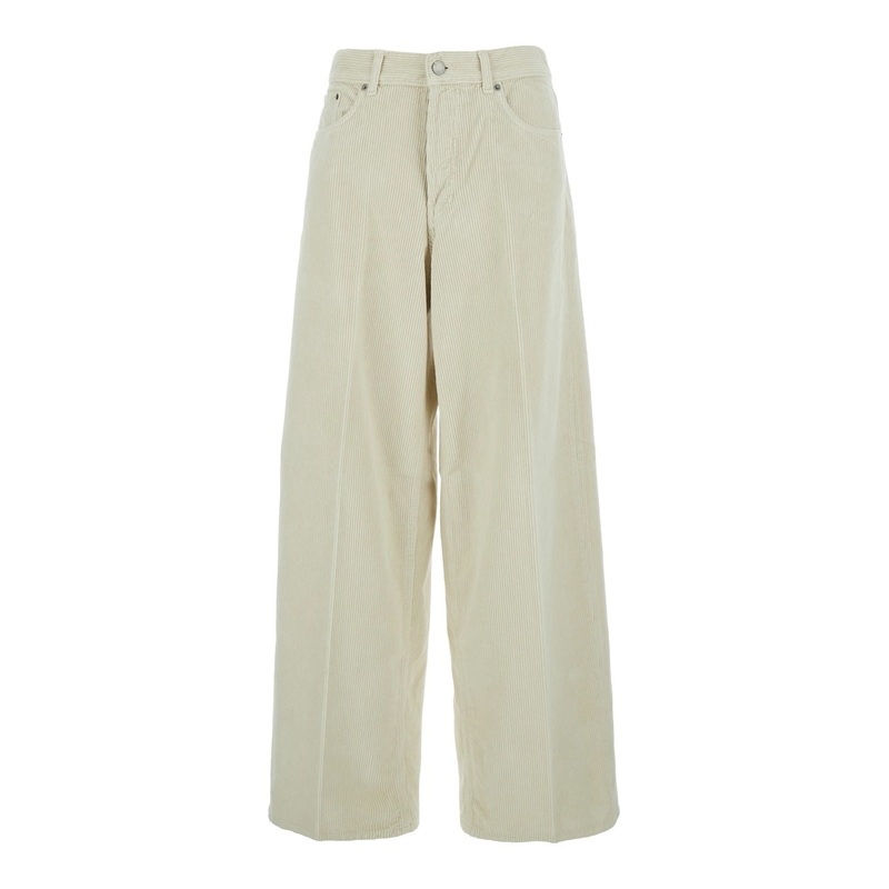 ‘Bethany’ White Pants with Logo Patch on the Rear and Wide Leg in Corduroy Woman