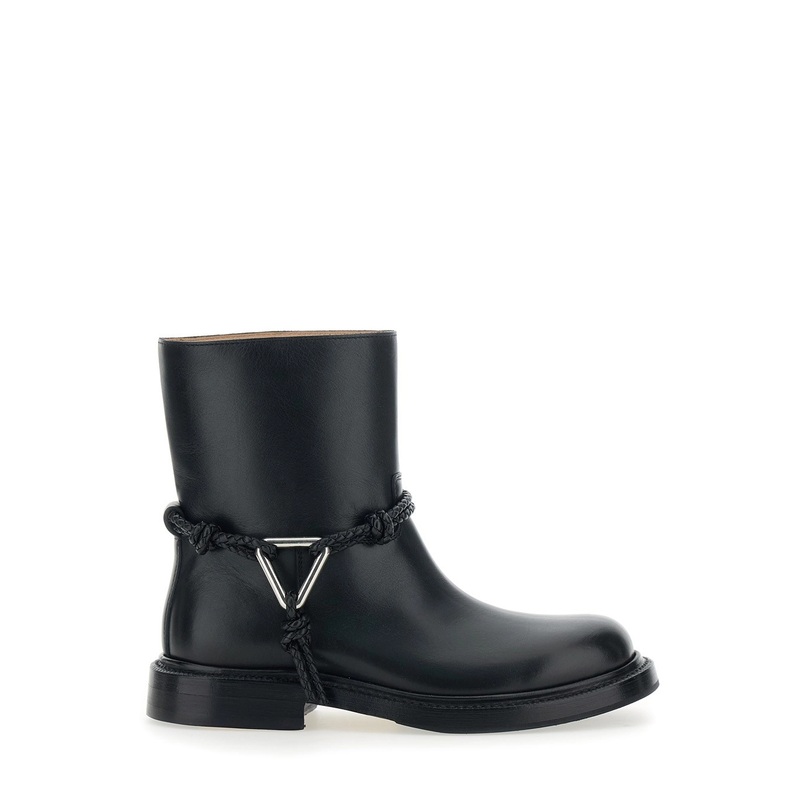 Black Ankle Boots with Metallic Detail on the Side and Applied Laces in Leather Woman