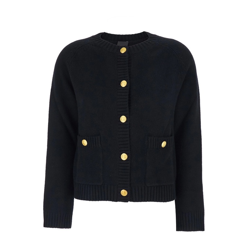 Black Crewneck Cardigan with Jewel Buttons and Two Front Patch Pockets in Wool Woman