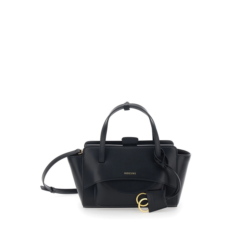 Black Handbag with Adjustable and Removable Shoulder Strap and Logo Lettering on the Front in Leather Woman