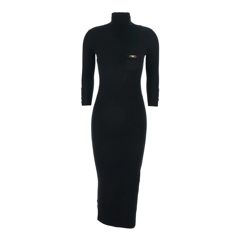 Black Long Dress with High Neck and Plaque Detail on the Front in Wool Woman