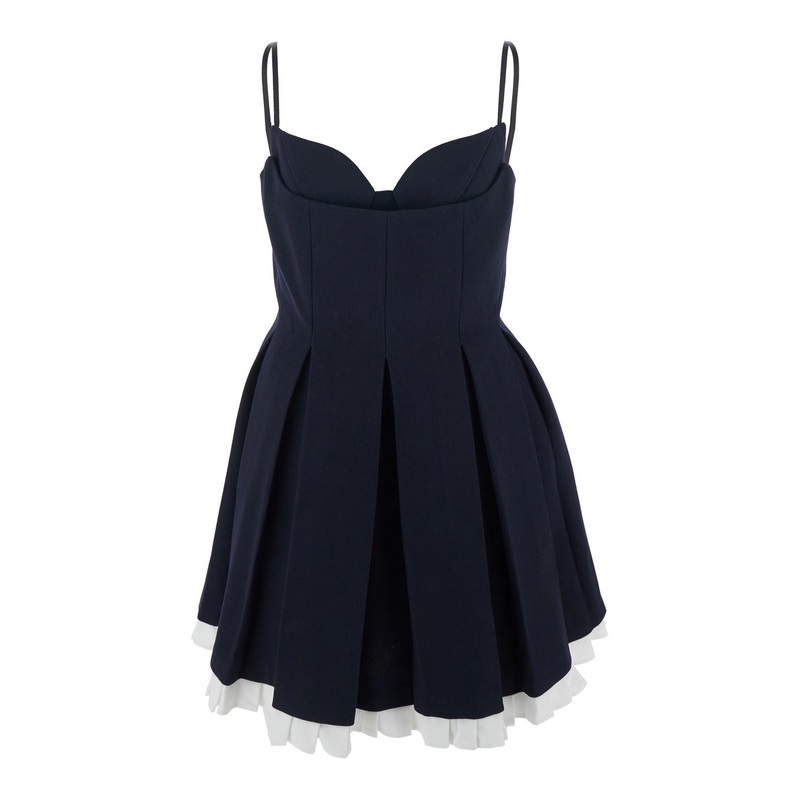 Black Pleated Sleeveless Dress with Sweetheart Neckline and Contrasting Hem in Wool Woman