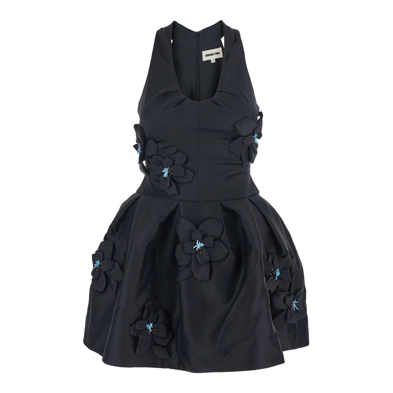 Black Sleeveless Pleated Dress with Round Neck and Floral Embroidery in Fabric Woman