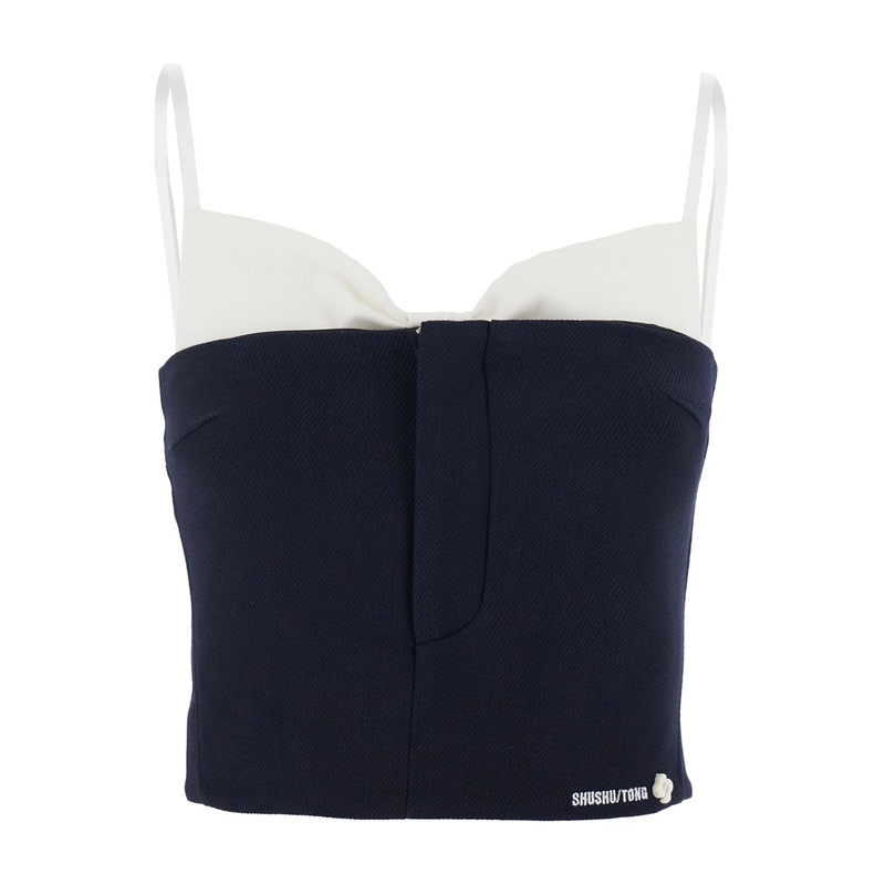 Black Sleeveless Top with Bow on the Rear and Logo Embroidery on the Front in Wool Woman