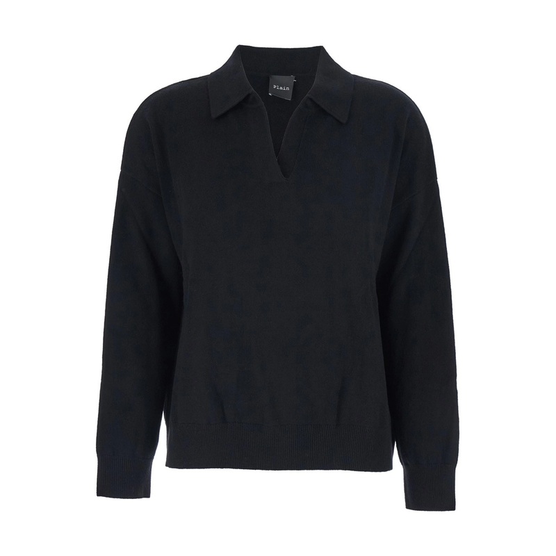 Black Sweater with Polo-Style Collar and V-Neck in Cashmere Woman