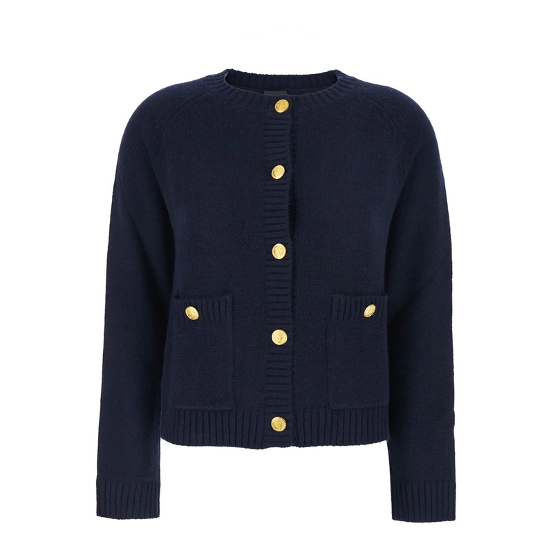 Blue Crewneck Cardigan with Jewel Buttons and Two Front Patch Pockets in Wool Woman