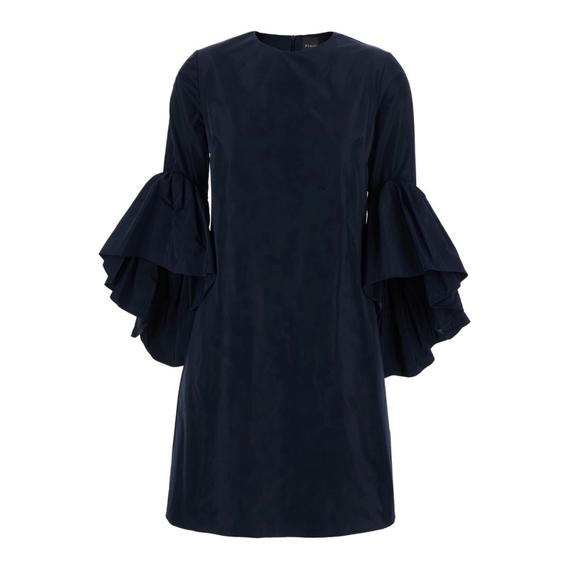 Blue Crewneck Dress with Draped Flared Sleeves in Silk Blend Woman