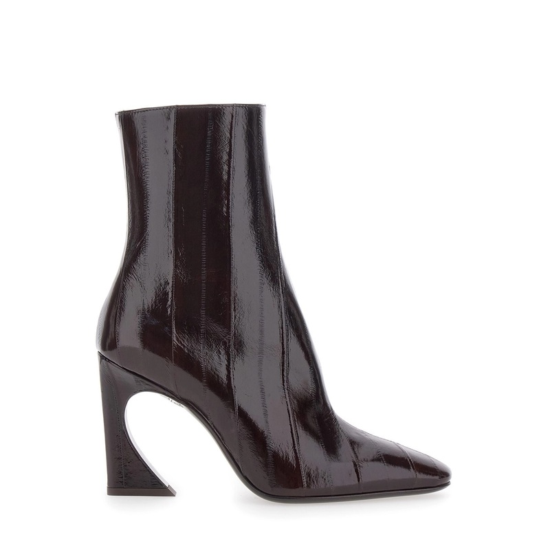 Brown Ankle Boots with Arc Heel and Side Zip Closure in Hagfish Leather Woman
