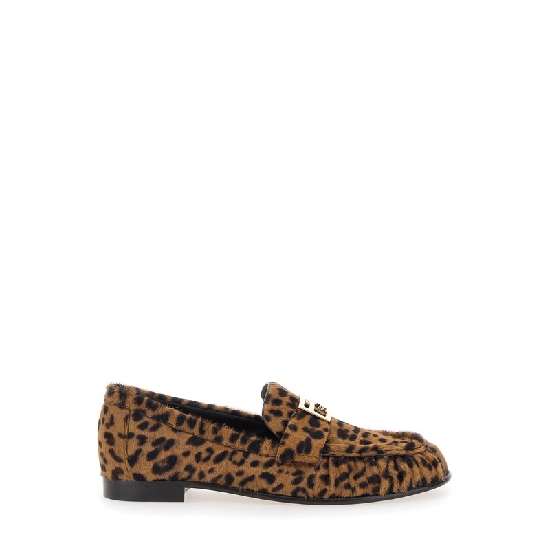 Brown Loafers with FF Plaque and Leopard Motif in Brushed Leather Woman