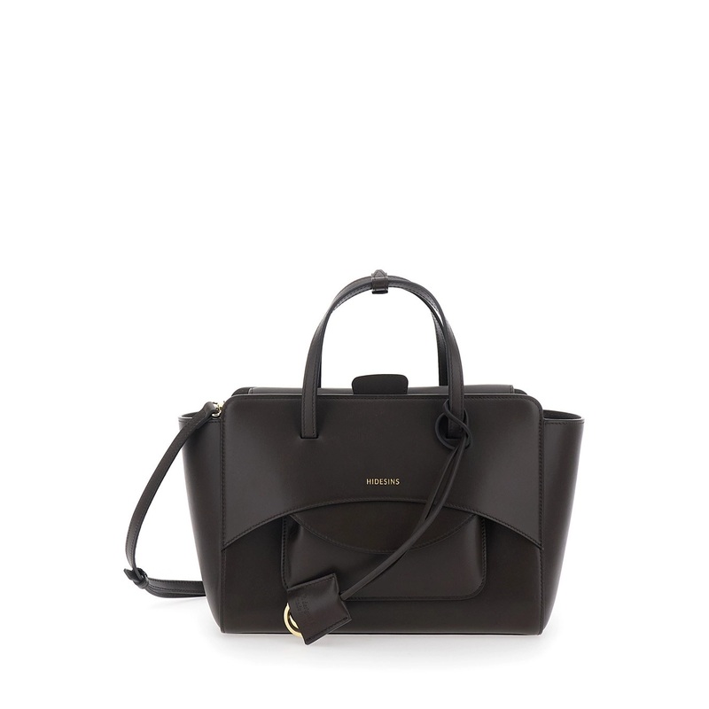 Dark Brown Handbag with Adjustable and Removable Shoulder Strap and Logo Lettering on the Front in Leather Woman