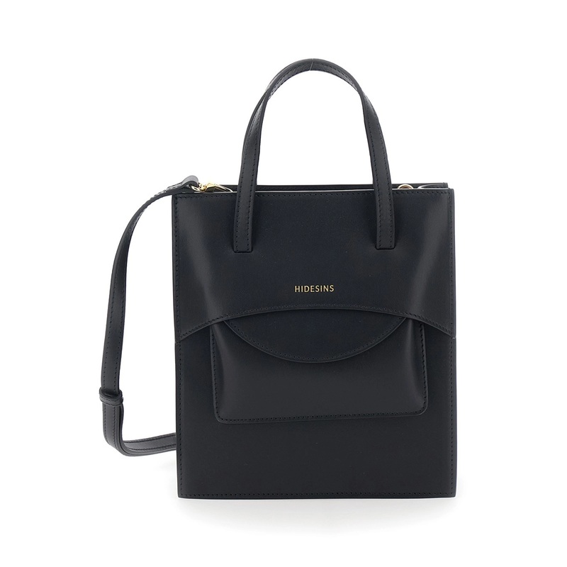 ‘Flap J’ Black Handbag with One Front Flap Pocket and Adjustable and Removable Shoulder Strap in Leather Woman