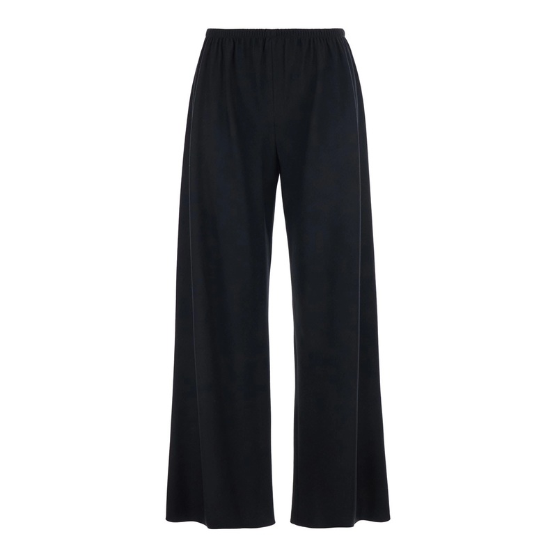 ‘Gala’ Black Pants with Ruched Elastic Waist and Wide Leg in Wool Woman