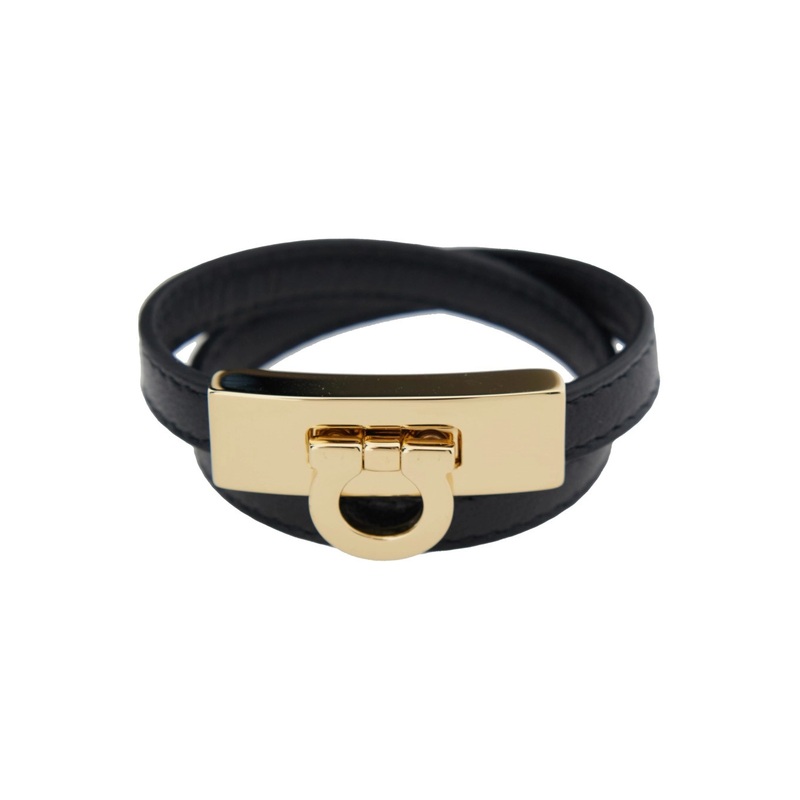 ‘Gancini’ Black Double Twist Bracelet in Leather Woman