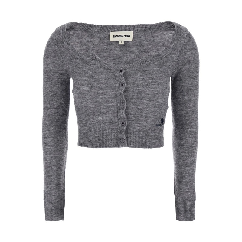 Grey Cardigan with Wide Round Neck and Logo Embroidery on the Front in Wool Blend Woman