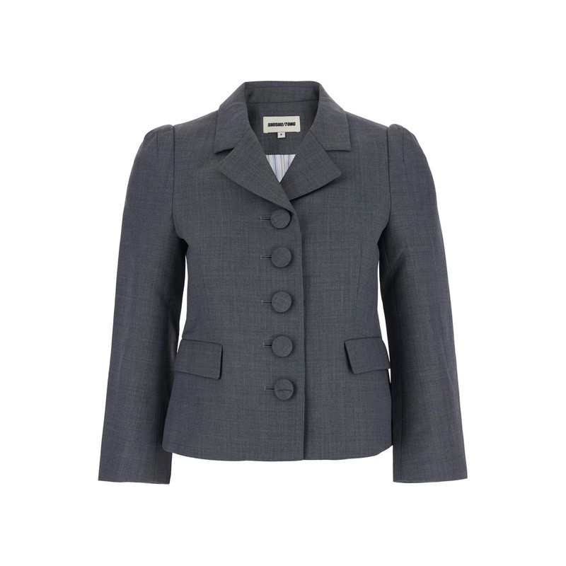 Grey Jacket with Notched Revers and V Neck in Wool Blend Woman