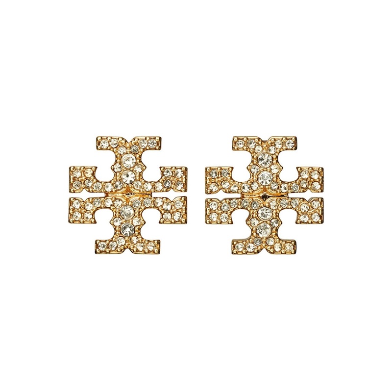 ‘Kira’ Metallic Earings with Double T Motif and Crystal Embellishments in Gold Plated Brass Woman