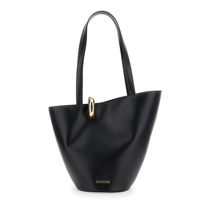 ‘Le Bambola Moyen’ Black Shoulder Bag with Front Metal Ring Closure and Embossed Logo Lettering on the Front in Leather Woman